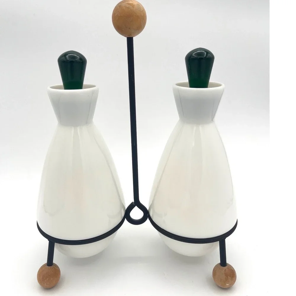 Vtg 1950's Fenton Condiment oil & Vinegar Set‎ Emerald Crest wrought iron stand